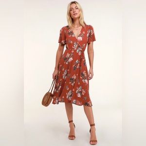 Lulu’s Jet Set For Sun Rust Red Tropical Print Wrap Midi Dress